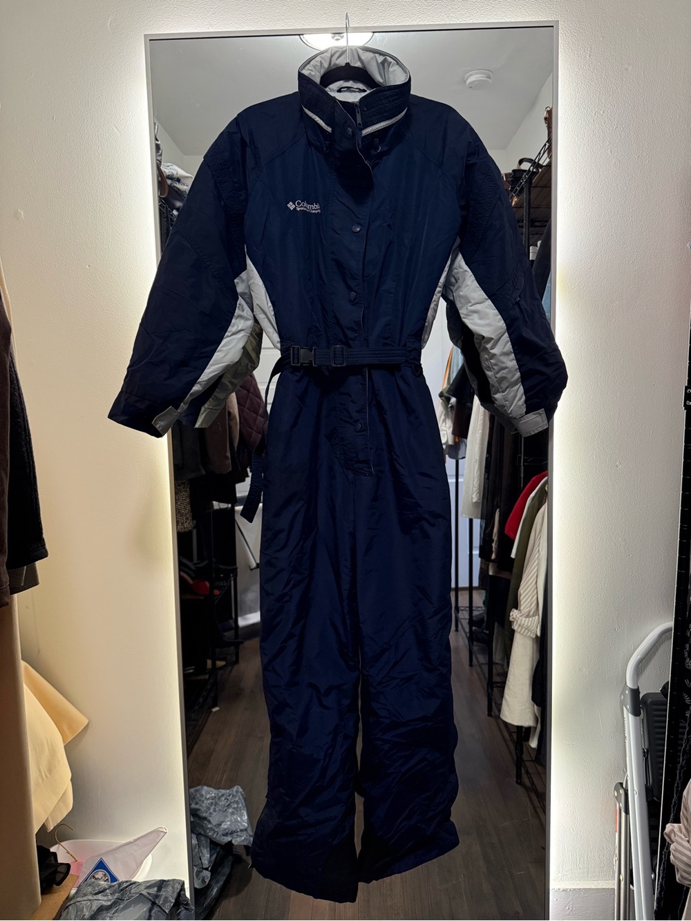 Columbia Navy Blue Women’s One-Piece Ski Suit with Light Gray Accents